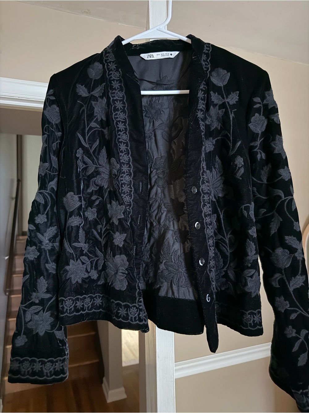 Zara Black Velvet Embroidered Floral Jacket